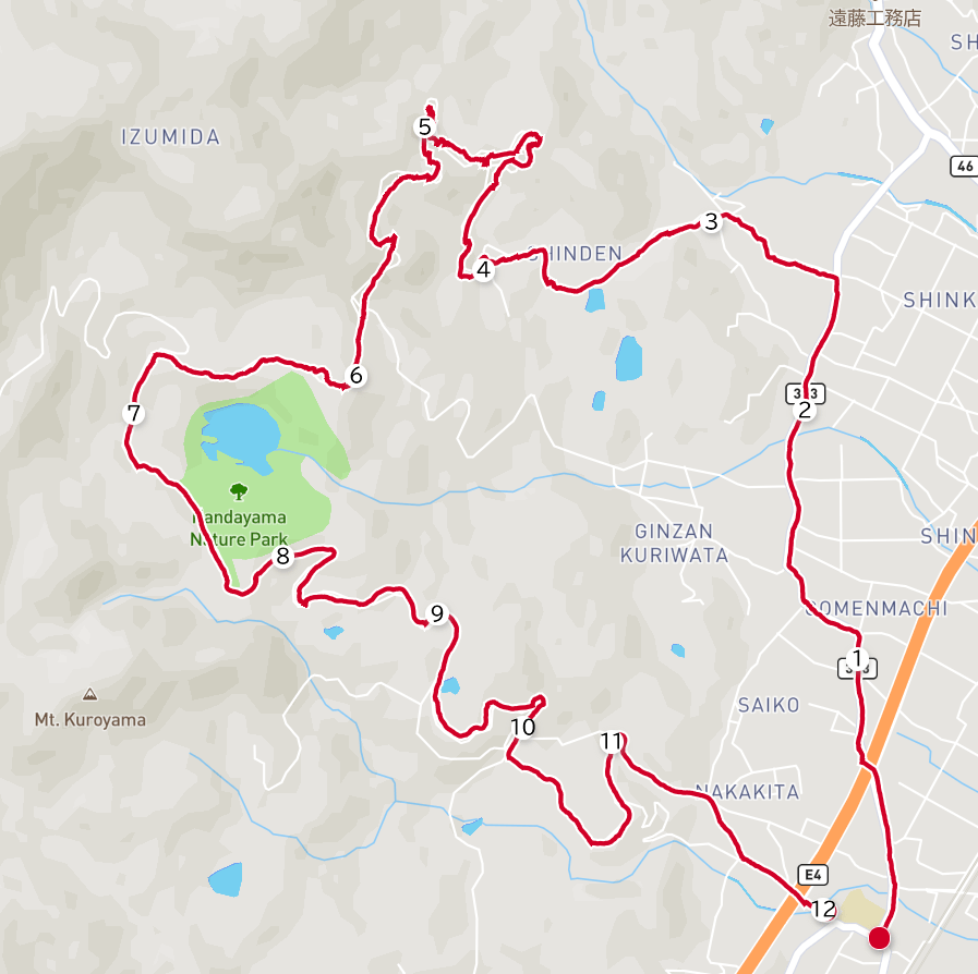峠走のコースの例。このコースでは6キロのぼって6キロくだる